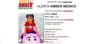 Autoridades activaron una Alerta Amber para localizar a Sofía Paola Hernández Hernández, una niña de 2 años desaparecida en Altamira, Tamaulipas.