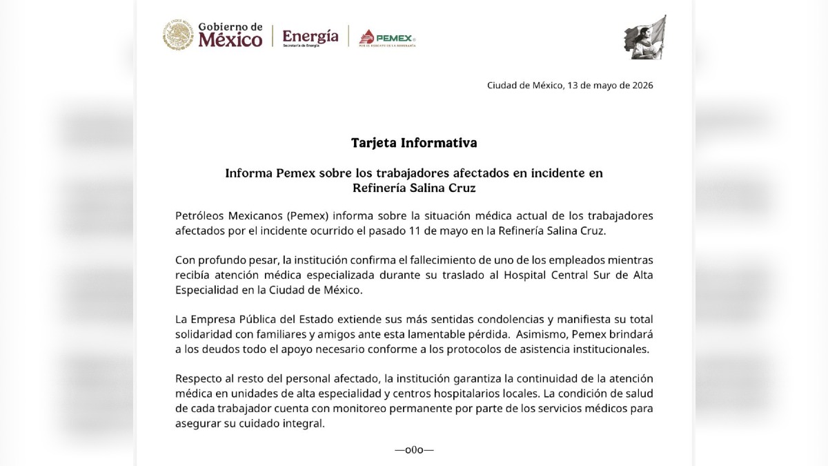 comunicado de pemex por la muerte de un trabajador en una explosión en la refinería de salina cruz