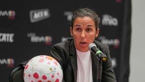 Amandine Miquel en la conferencia de prensa previo a la final de Liga MX Femenil.