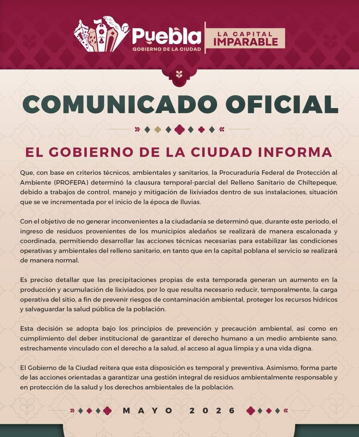 Ayuntamiento de Puebla y más sobre la clausura del relleno sanitario de Chiltepeque.