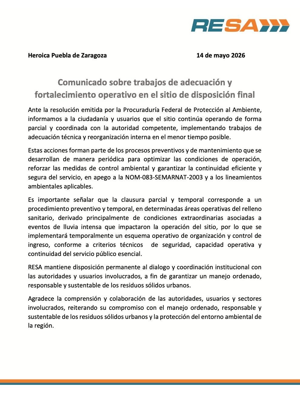 Comunicado RESA sobre la clausura temporal del relleno sanitario de Chiltepeque.