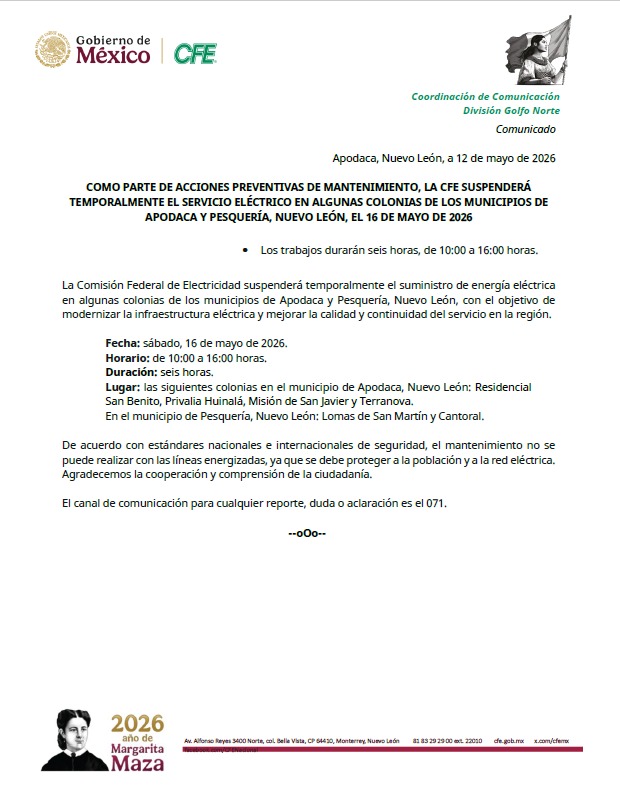 Aviso de la CFE sobre suspensión de energía