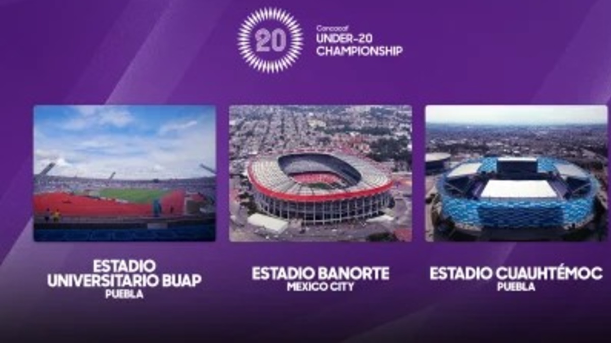 Fotos de tres estadios con la información correspondiente al calendario de los juegos