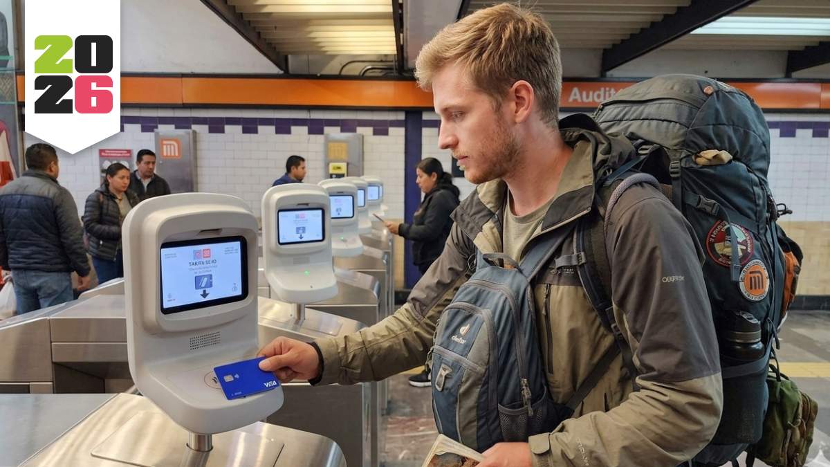 Un turista extranjero en el metro de la Ciudad de México pagando la entrada del metro con su tarjeta bancaria