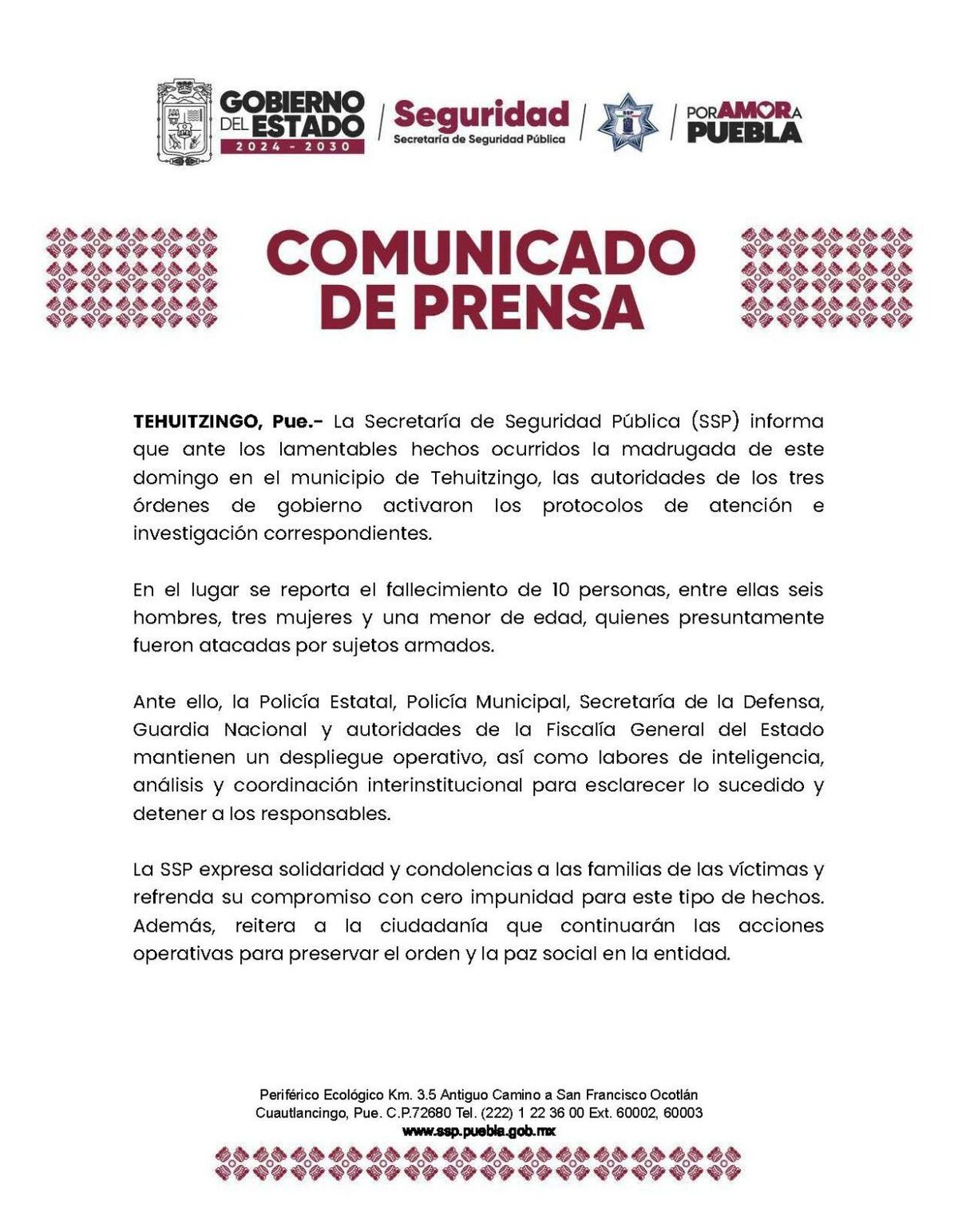 Comunicado SSP Tehuitzingo