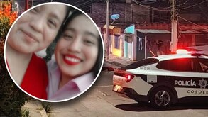 Fotografía de madre e hija junto a una patrulla de policía en Veracruz.
