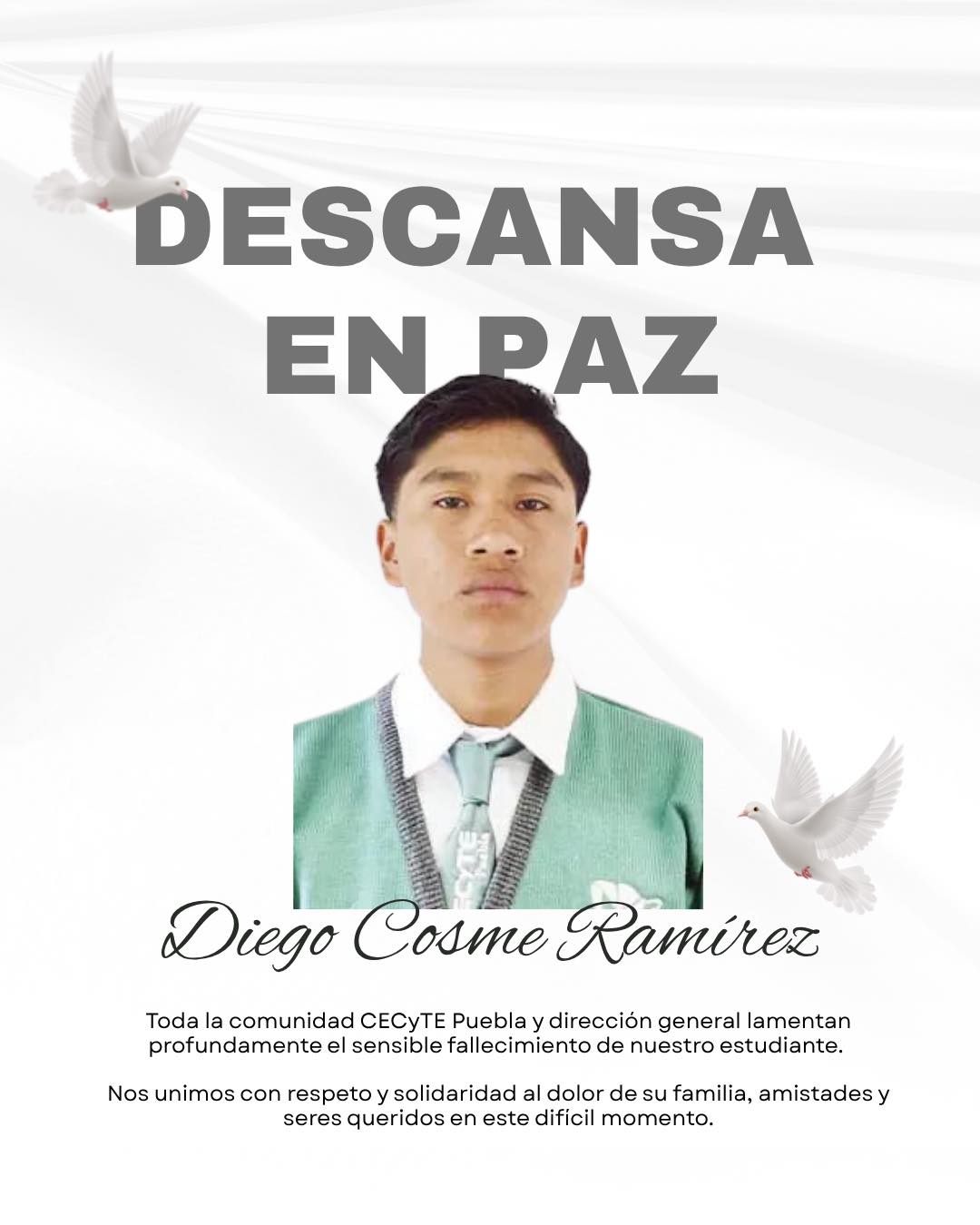 El CECyTE publicó una esquela en Puebla por el fallecimiento de Diego Cosme Ramírez.