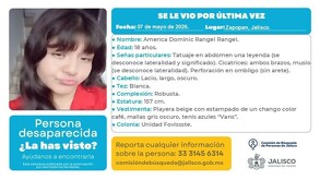 Ficha de búsqueda de América Dominic Rangel con imagen y características de la joven para ayudar a su localización en Jalisco