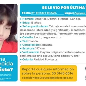 Ficha de búsqueda de América Dominic Rangel con imagen y características de la joven para ayudar a su localización en Jalisco