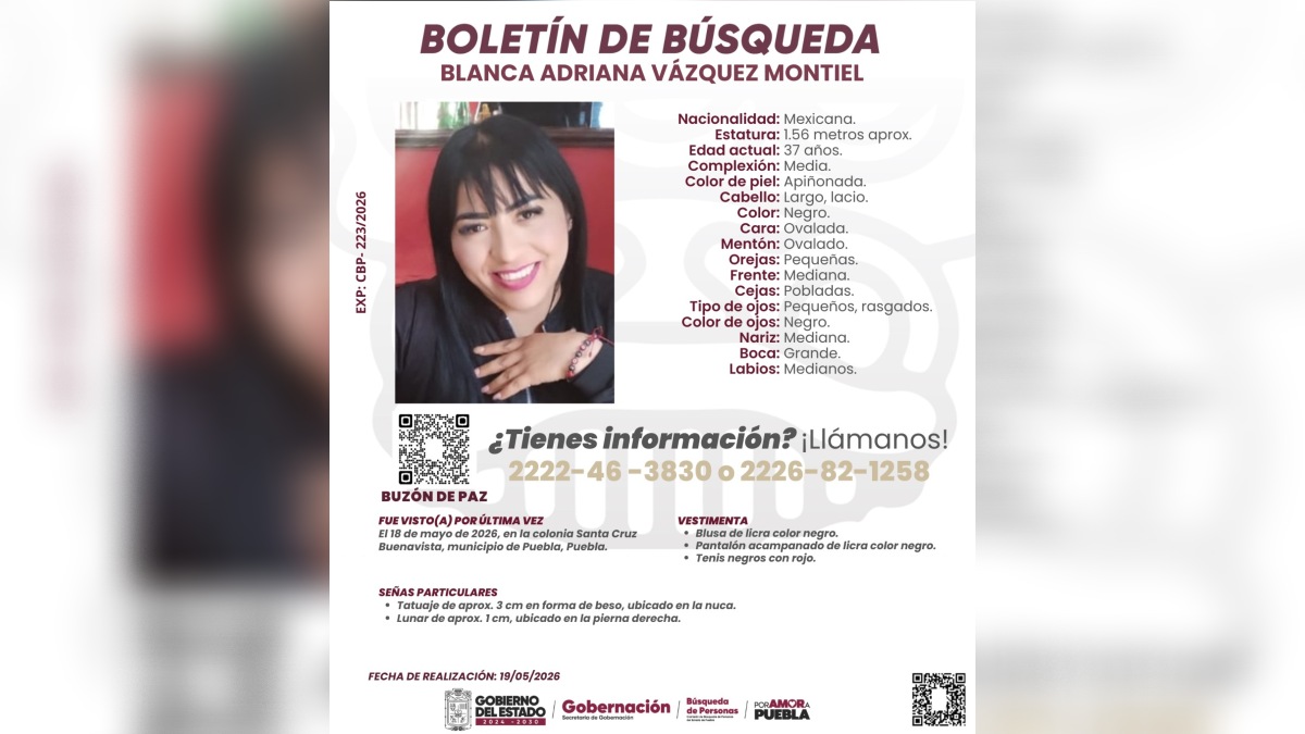 boletín de búsqueda de Blanca Adriana Vázquez Montiel, mujer desaparecida en puebla