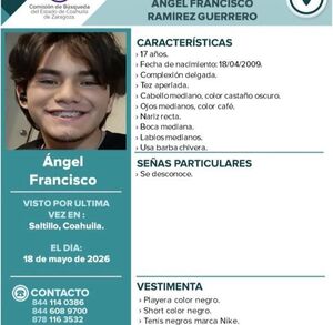 Autoridades activaron una ficha de búsqueda tras la desaparición de un menor de 17 años en Saltillo.