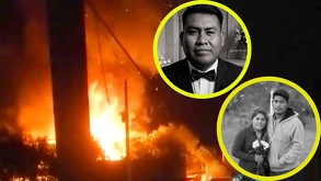 Fotos de las personas fallecidas en blanco y negro y de fondo la explosión del taller de cohetes