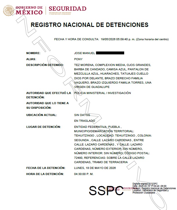Hoja del Registro Nacional de Detenciones que informa sobre la aprehensión de un hombre en Tehuitzingo, Puebla.
