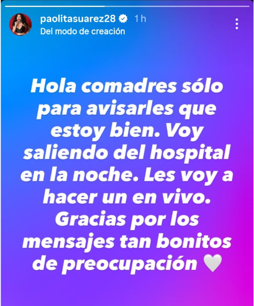 Tras horas de preocupación que vivieron sus seguidores luego de un aparatoso accidente vial, Paola Suárez volvió a salir a la luz.