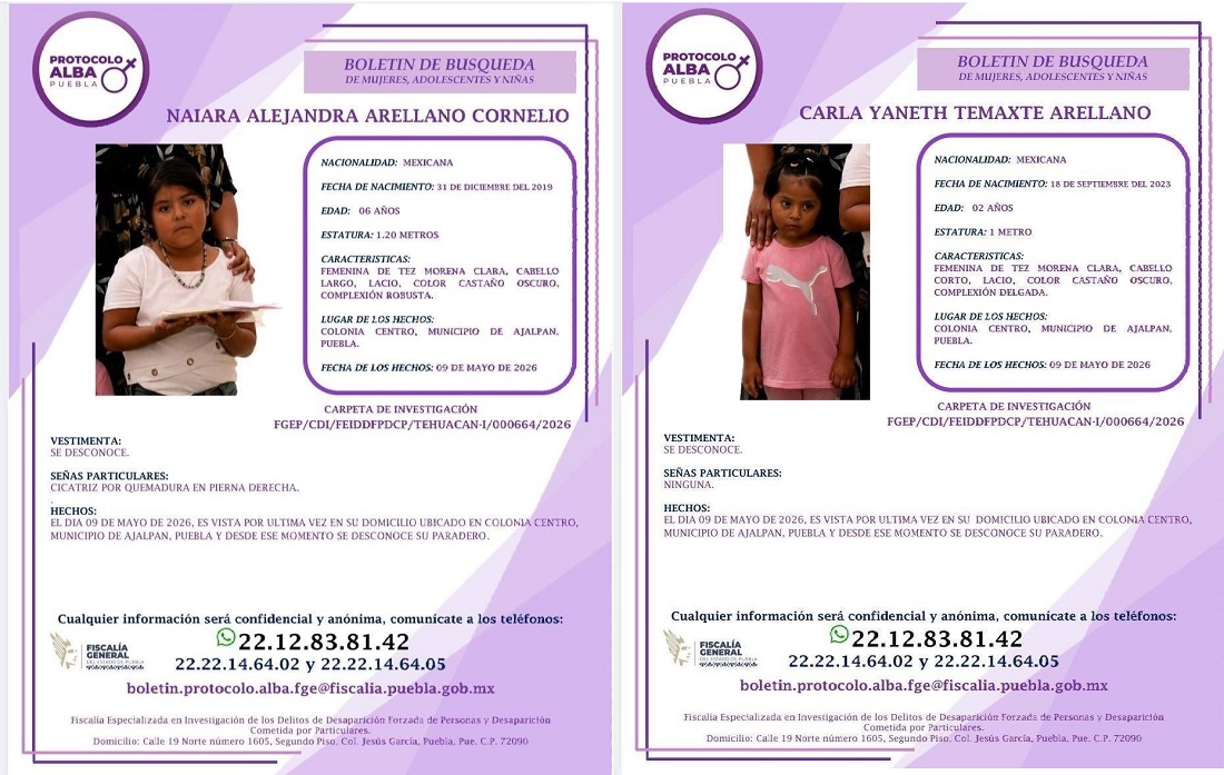 Fichas de búsqueda de dos niñas en Puebla.