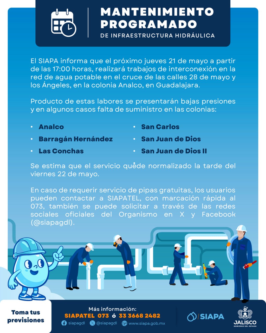 El Siapa suspenderá HOY 21 de mayo el servicio de agua en varias colonias de Guadalajara por obras de mantenimiento. Revisa la lista y pide pipas gratis.