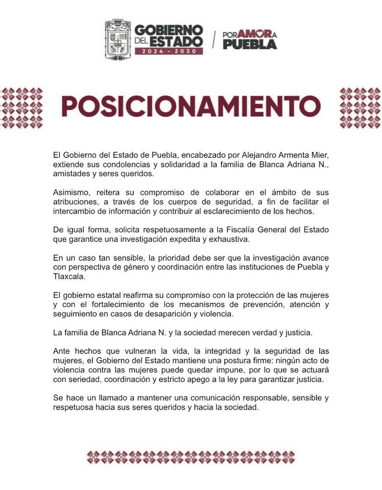 Comunicado del Gobierno de Puebla pronunciándose sobre el hallazgo de una mujer muerta.