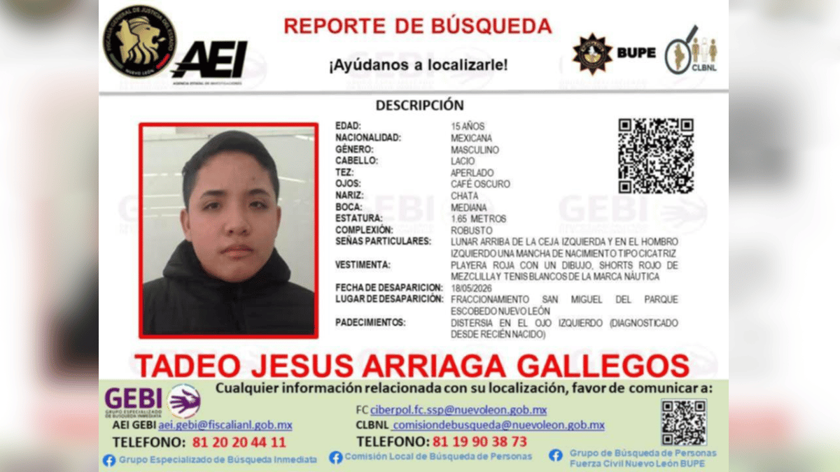 adolescente de 15 años Jesus Tadeo  fue visto por ultima vez en Escobedo