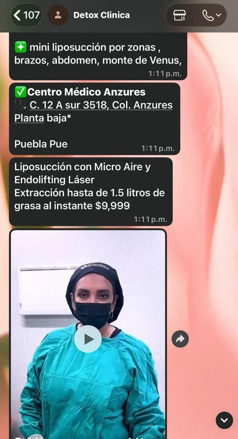 Chat de WhatsApp donde se anuncia una liposucción.