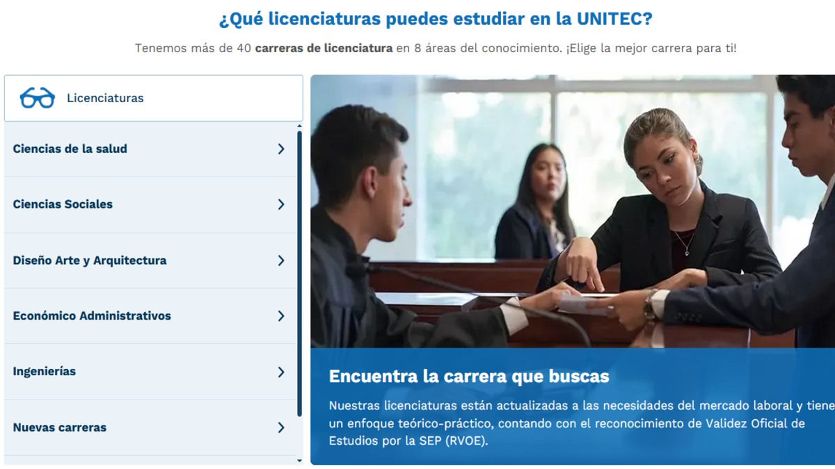 Infografía de la página oficial de la UNITEC sobre sus carreras