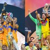Jugadoras de Tigres Femenil y América en la coronación de sus respectivos títulos de Liga MX.