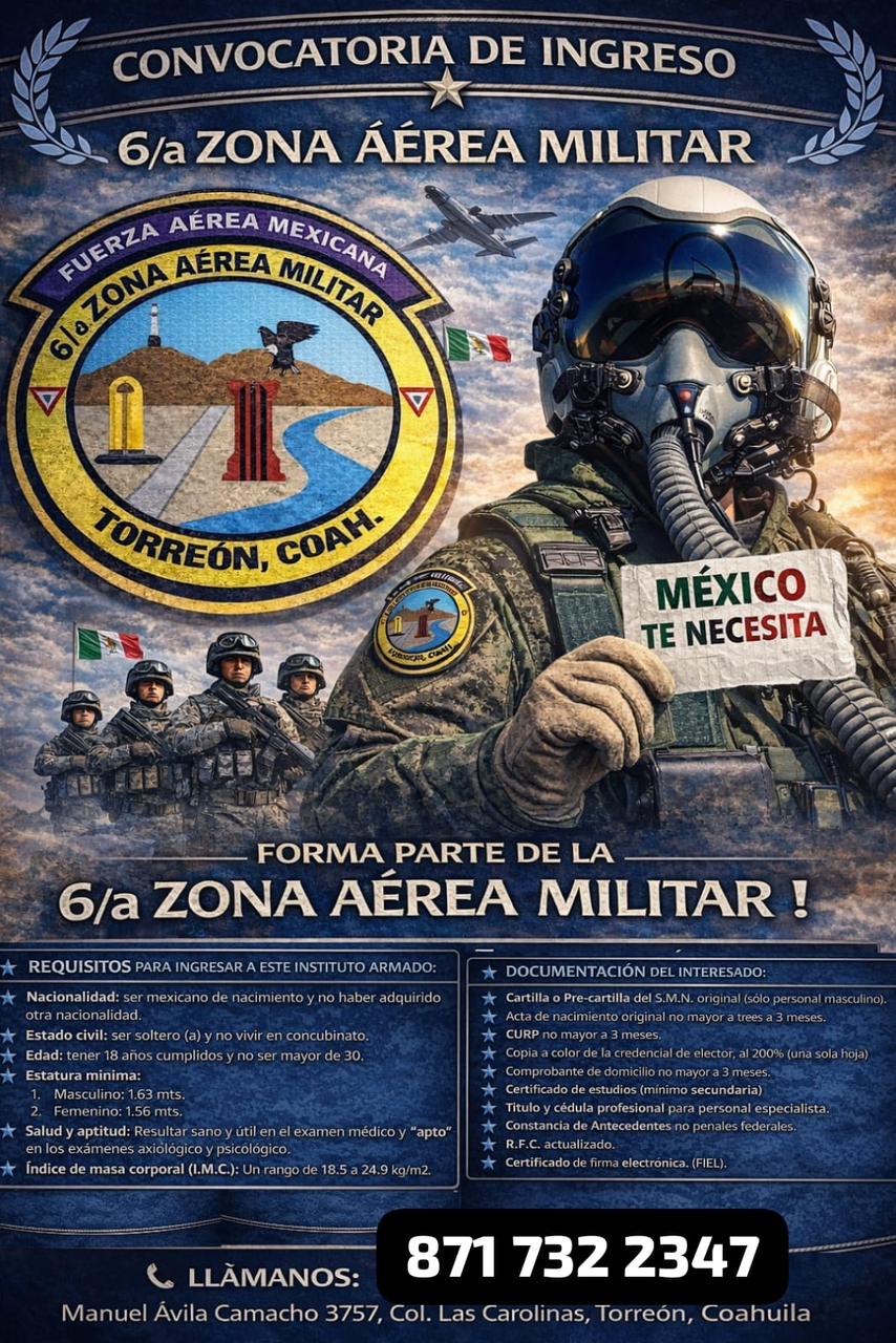 El Ayuntamiento de Gómez Palacio difundió la convocatoria de la Fuerza Aérea Mexicana dirigida a jóvenes interesados en integrarse.