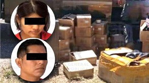 Fotos de un hombre y una mujer junto a cajas de cartón aseguradas por la FGR.