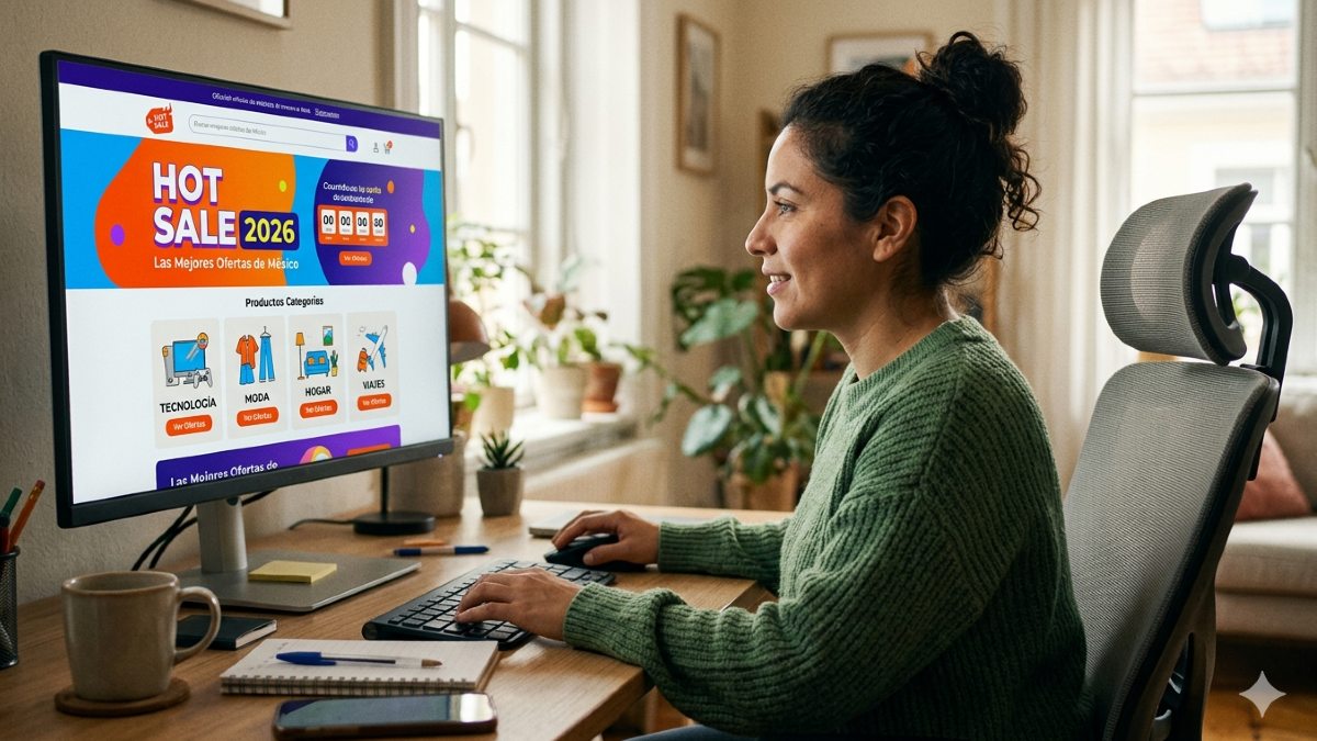 una mujer viendo en una computadora el sitio del hot sale 2026