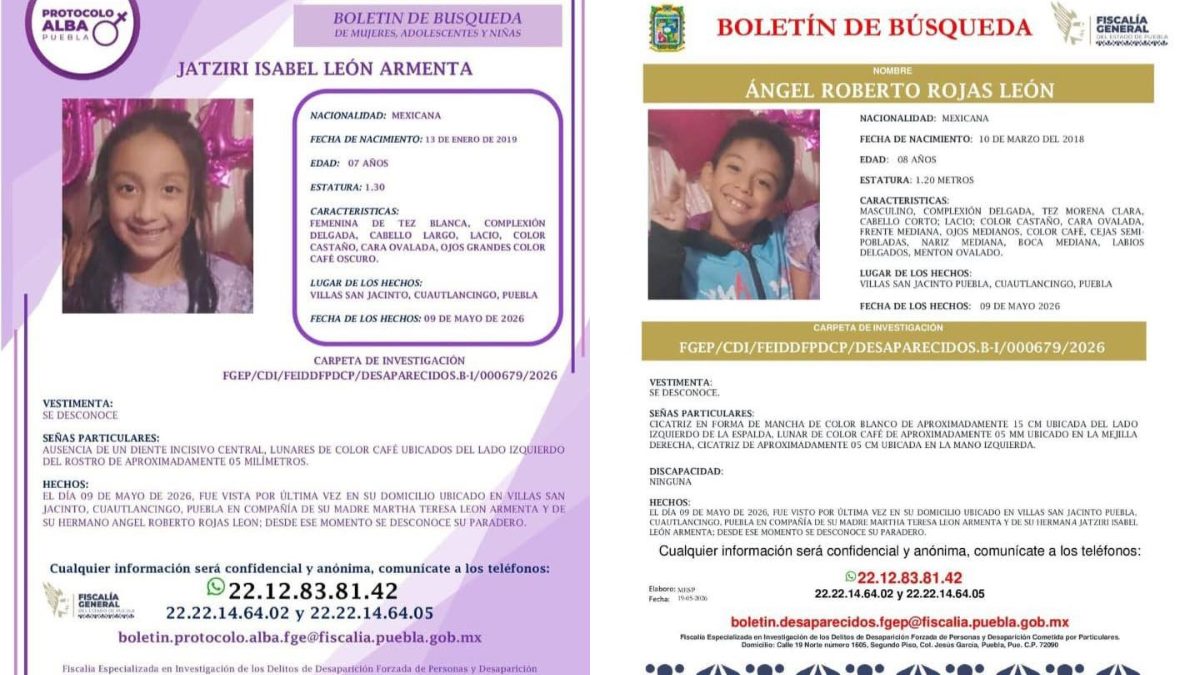 boletines de búsqueda de un niño y una niña desaparecidos en cuautlancingo