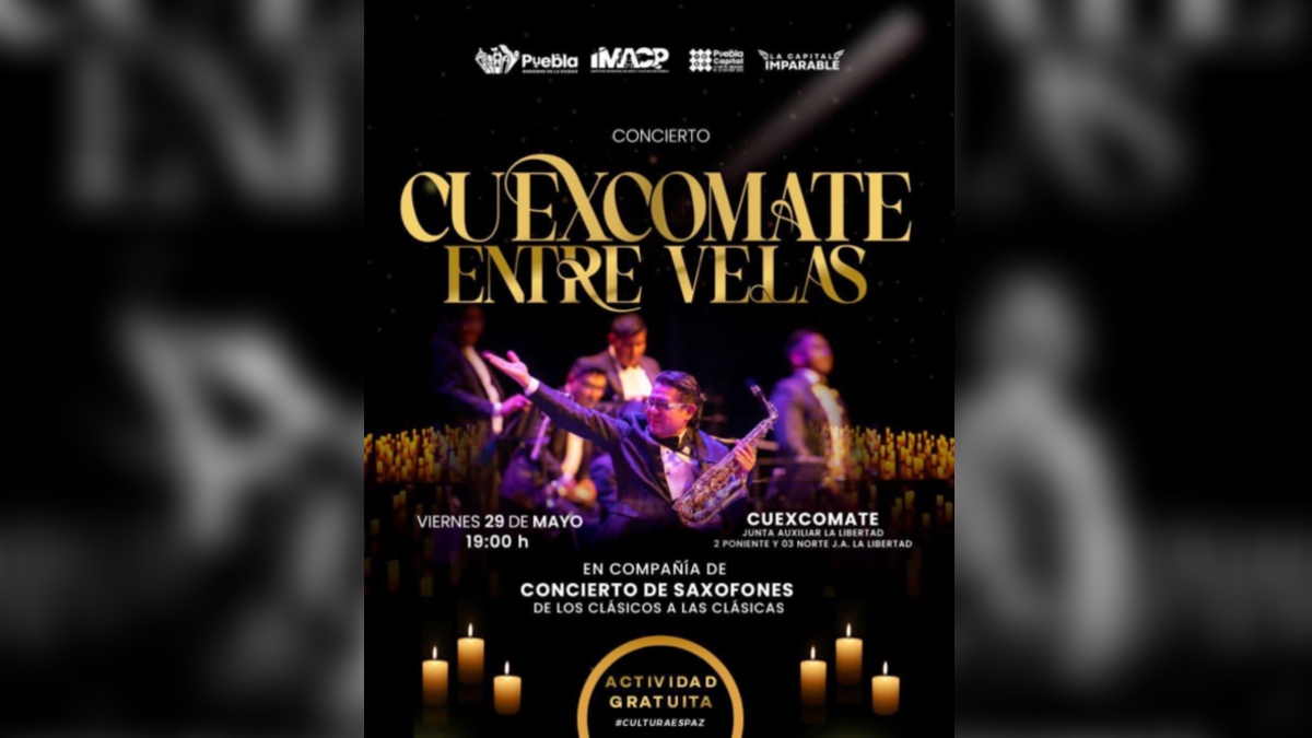 Cartel de la información del evento con velas y fotos de los músicos