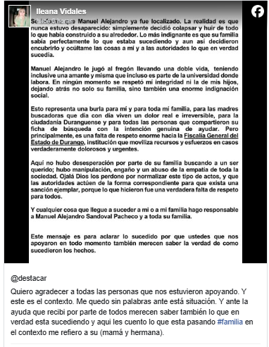 Captura de pantalla del comunicado subido por la esposa del maestro de la UTD supuestamente desaparecido