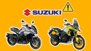 Dos modelos de motocicleta Suzuki en un fondo amarillo con el logo de la marca y un signo de admiración