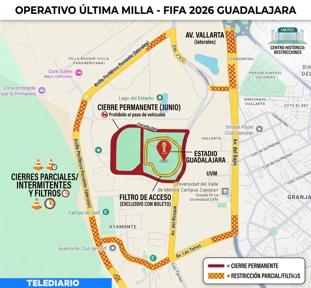 Mapa de cierres viales en Guadalajara por el Mundial 2026