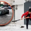 Mujer barriendo la acumulación de granizo en su vivienda junto a un auto flotando en una inundación.