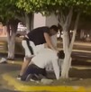 Un hombre agarrando por el cuello de la camisa a otro que se encuentra en el suelo de la jardinera de un estacionamiento