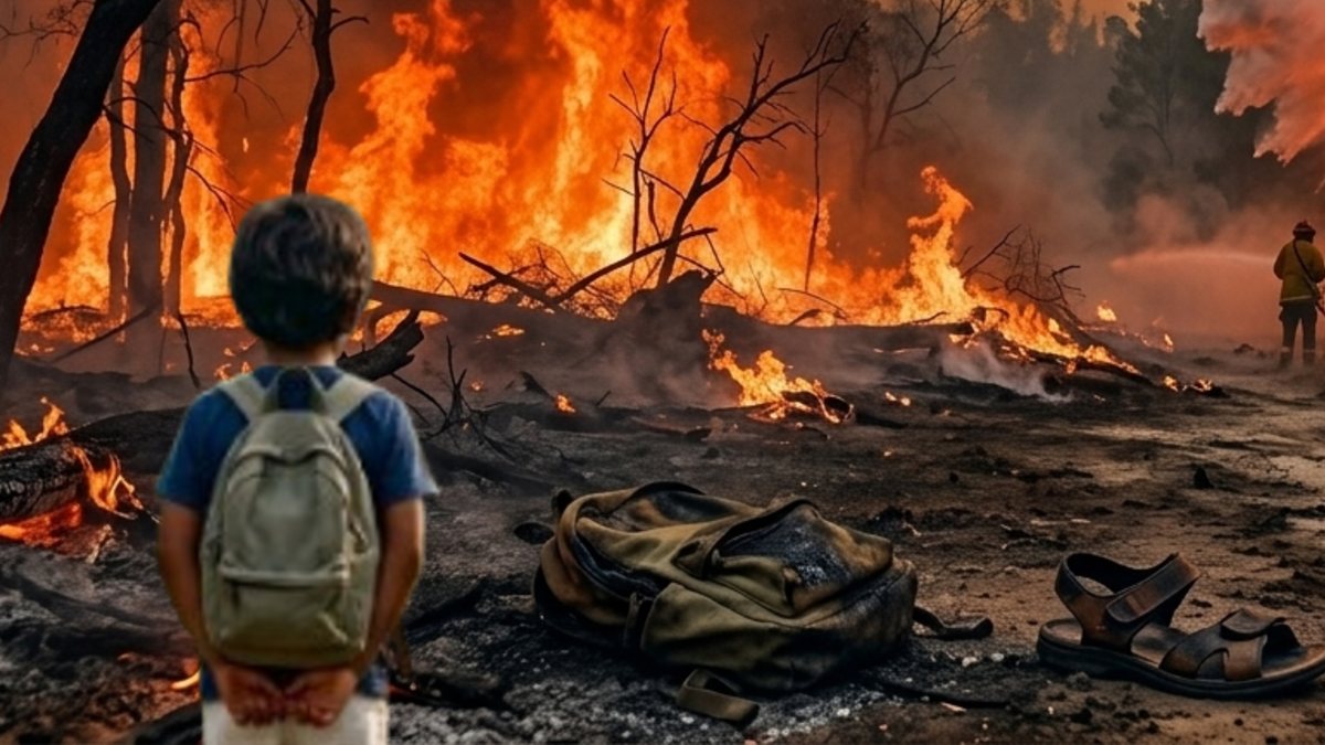 Niño de espaldas mira el incendio que intentan apagar los bomberos