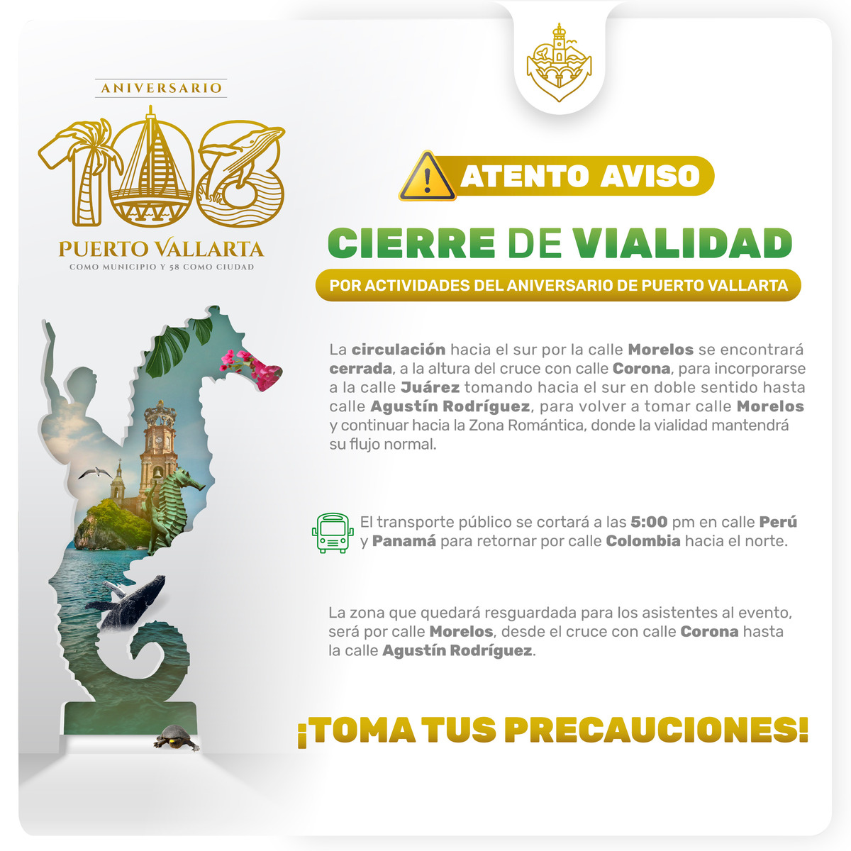 El domingo 31 de mayo se aplicarán cortes a la circulación en el Centro de Puerto Vallarta por los festejos del municipio. Conoce las rutas alternas.