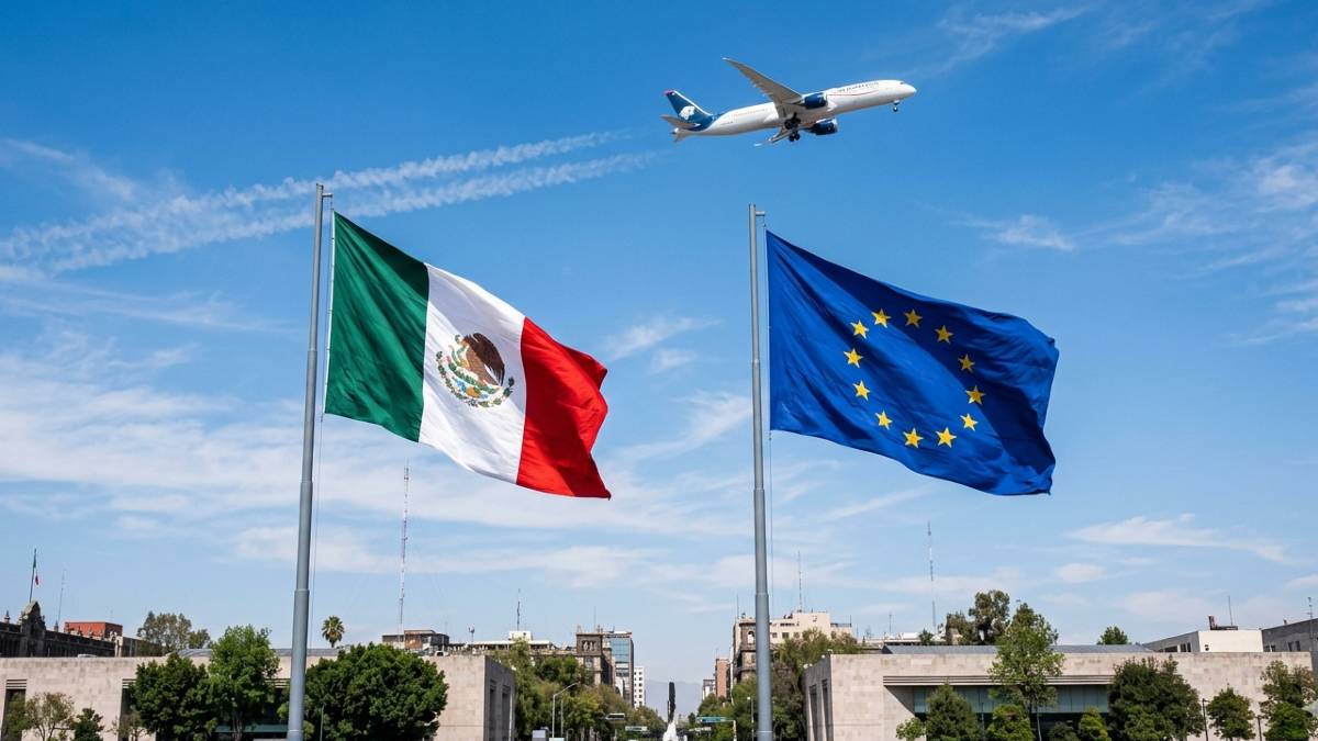 La bandera de México con la bandera de a unión Europea y en el fondo el cielo azul con un avión