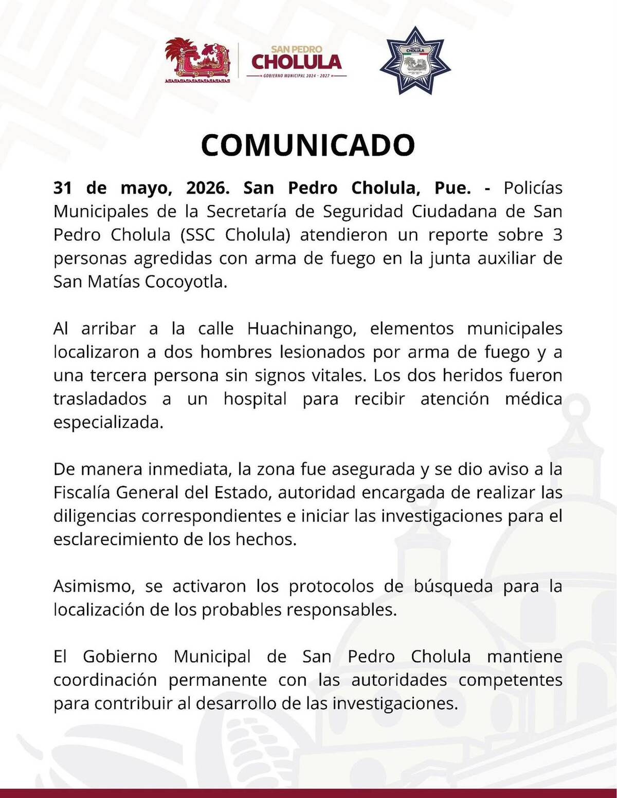 Comunicado San Pedro Cholula