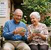 Una pareja de adultos mayores en un jardín con billes en las manos y un calendario en el fondo