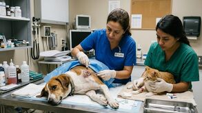 Perro y gato en veterinario por gusano barrenador