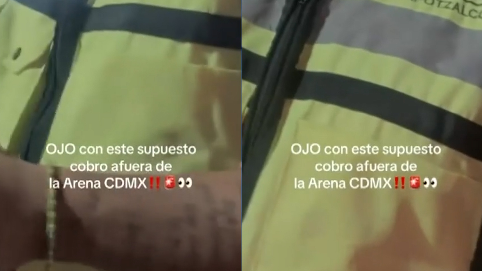 Denuncian a delincuentes con chalecos clonados de la Alcaldía Azcapotzalco cobrando tarifas falsas en el estacionamiento de la Arena Ciudad de México.