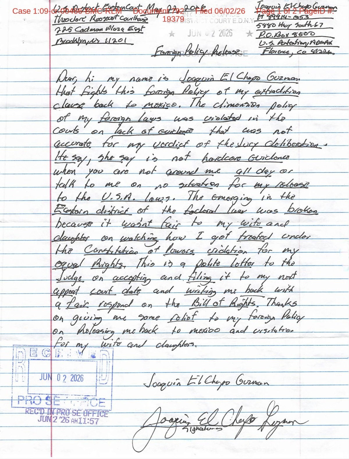Carta de El Chapo Guzmán