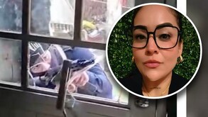 Fotografía de una mujer sobrepuesta a un sujeto con un arma.