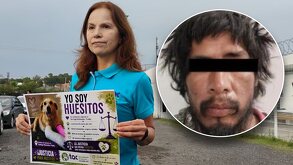 Mujer sosteniendo un cartel pide justicia para un perrito; junto, la cara del presunto agresor.