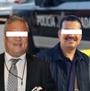 Empresarios Jaime Arias, José Adrián Corona y Carlos Newton Frausto con una patrulla de la Policía de Guadalajara desenfocada en el fondo