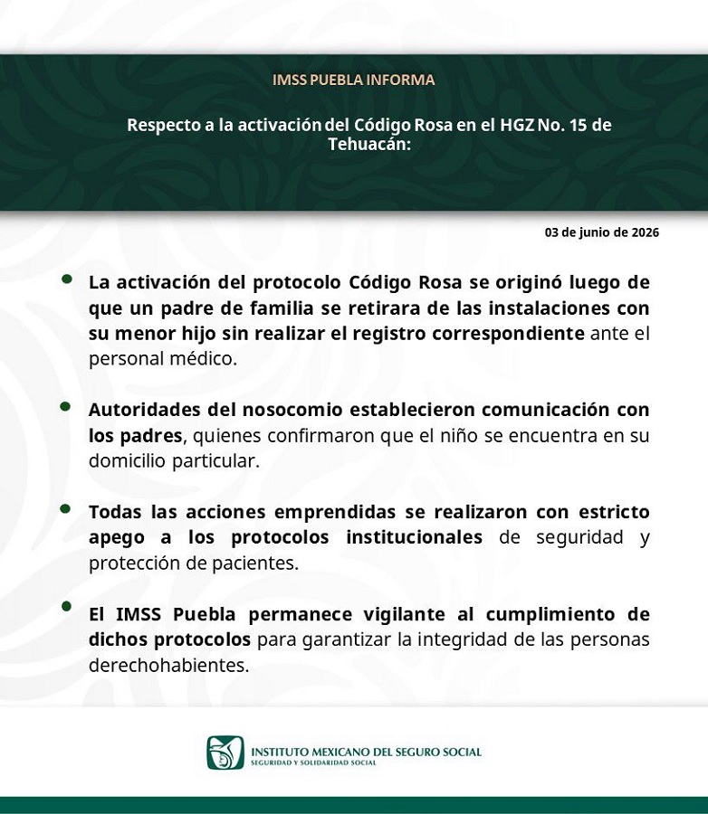 Comunicado del IMSS en Puebla que habla sobre el extravío de un recién nacido.