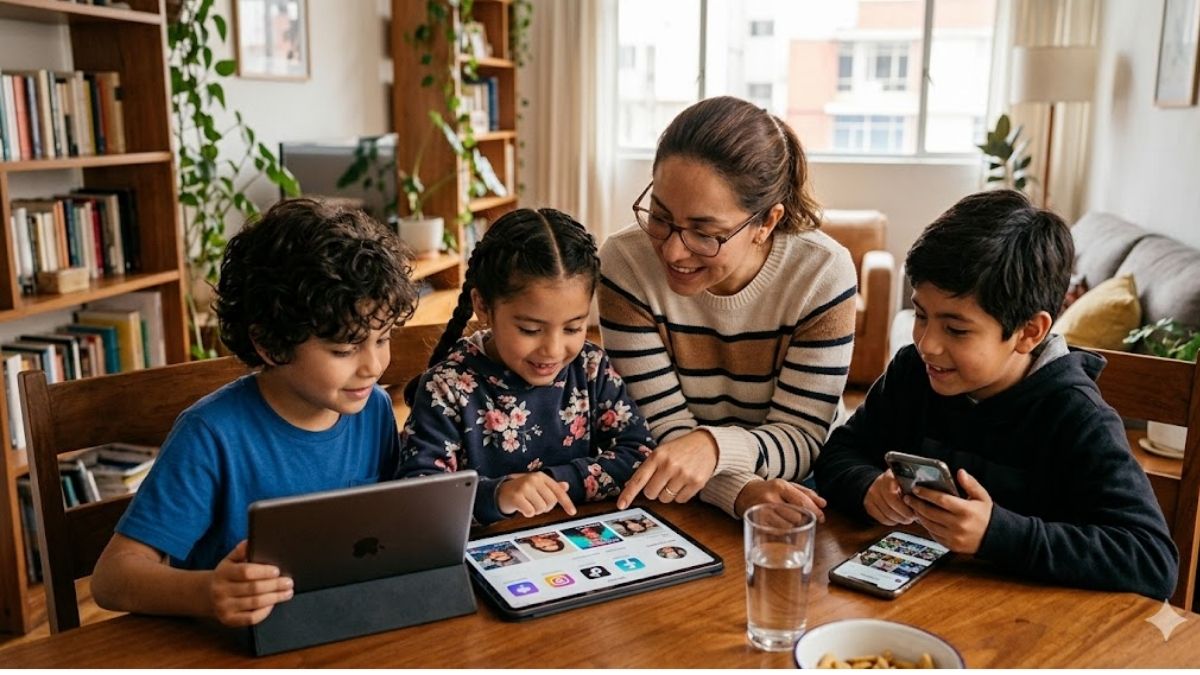 Niños usando redes sociales con madre