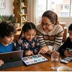 Niños usando redes sociales con madre