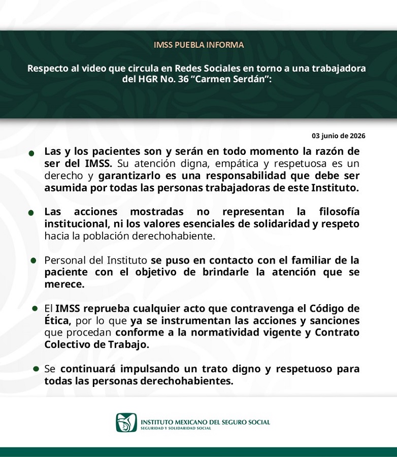 Comunicado del IMSS en Puebla donde informa sobre sanciones hacia una doctora y la mala atención a un derechohabiente.